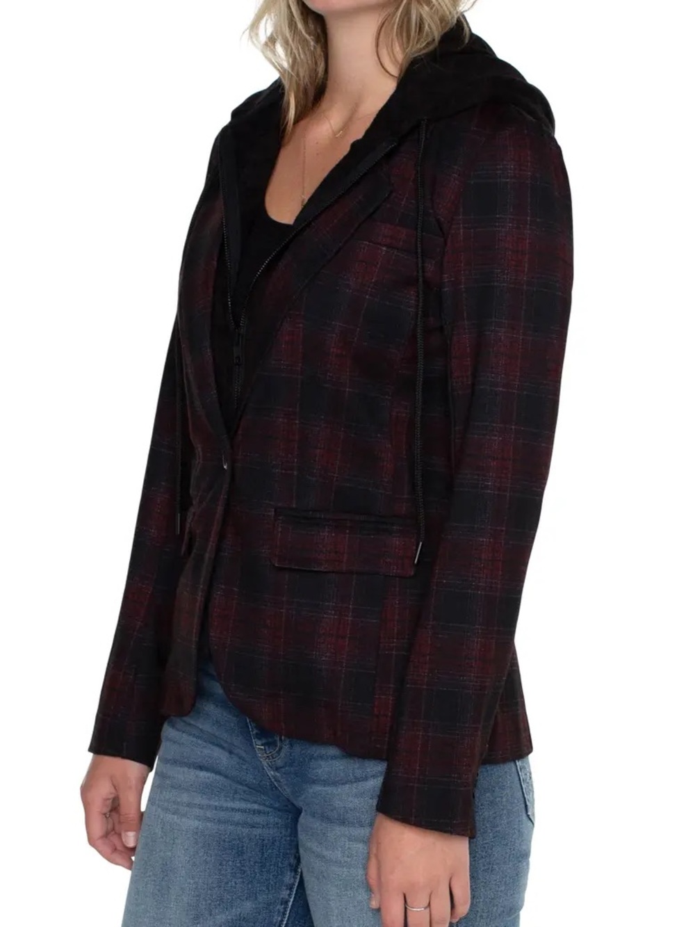 Liverpool Los Angelas Plaid Boyfriend Blazer with Removable Hoodie - Picture 2 of 9